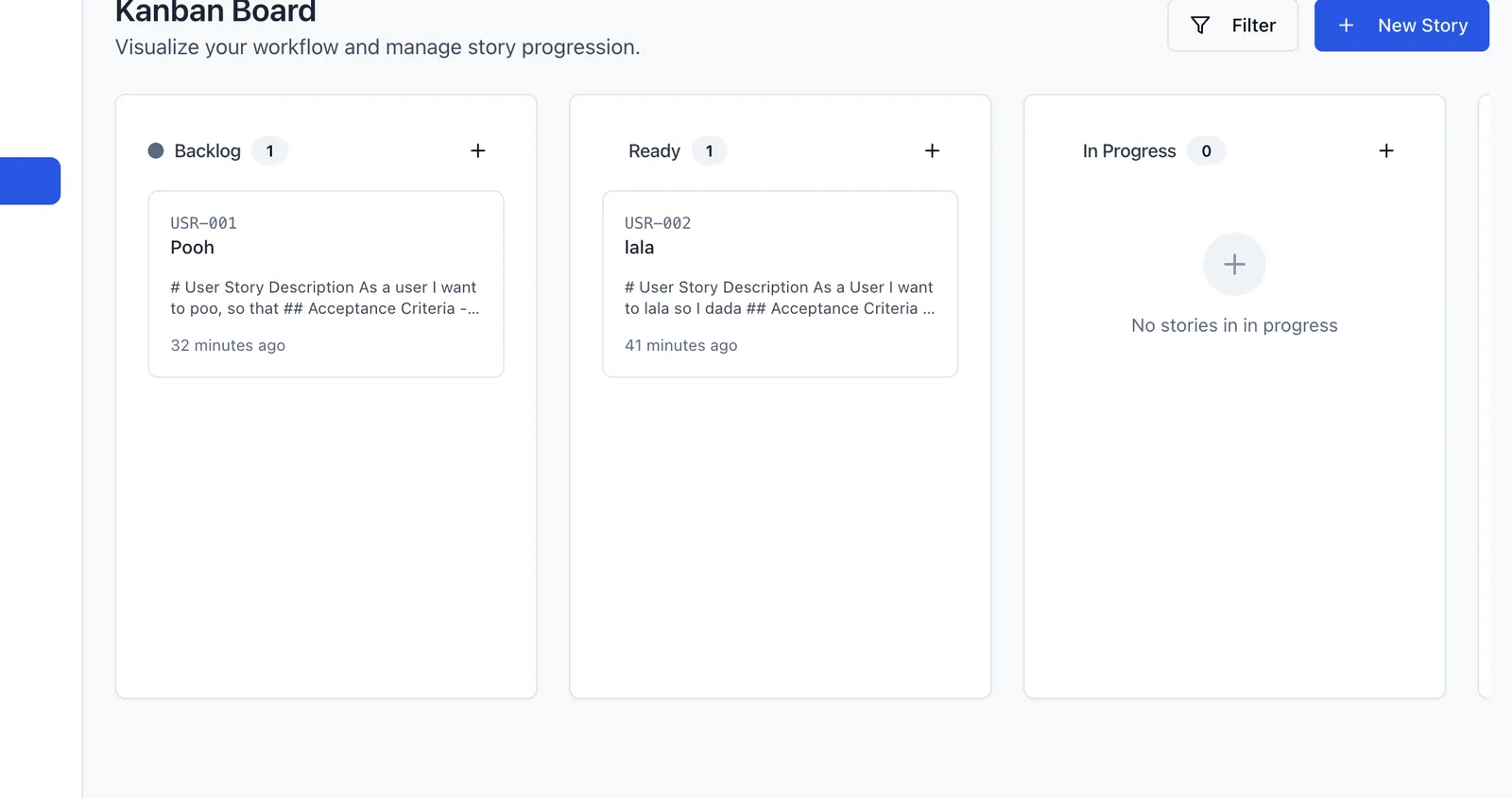 Kanban board of the self-built tool with Backlog, Ready and In Progress columns holding user story cards